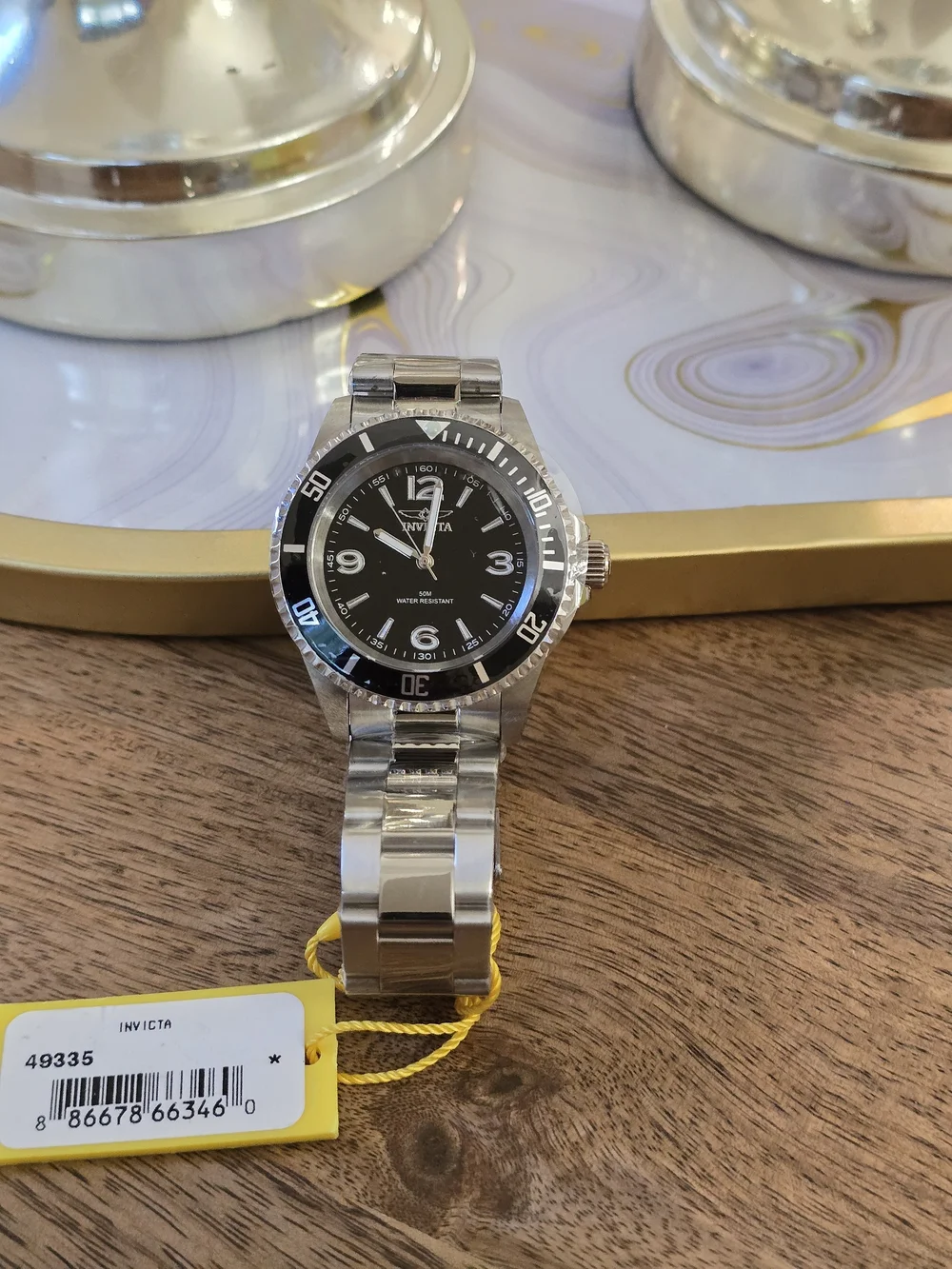 Invicta Silver Stainless Steel Watch with Black Dial and Bezel
